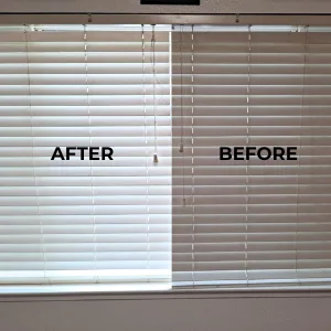 Blinds half cleaned, showing the before and after difference side by side